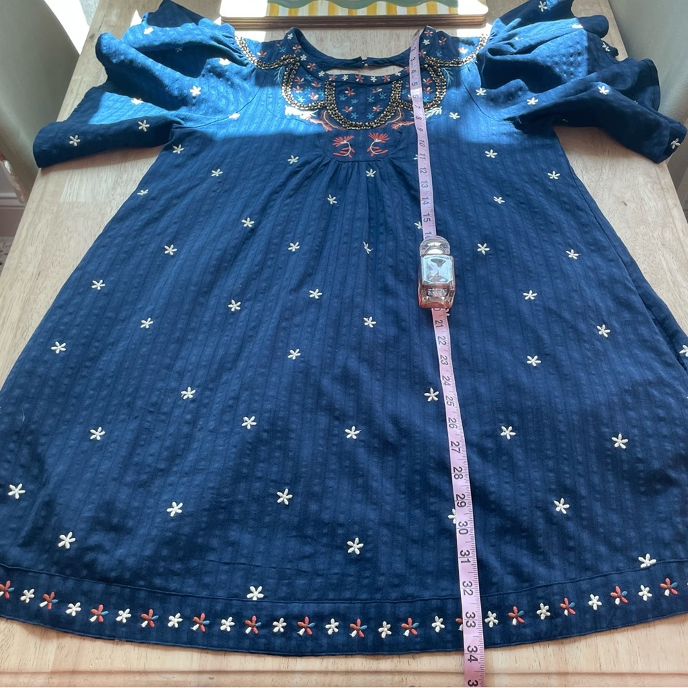 ANTHROPOLOGIE Blue Embroidered Dress with Flutter Sleeves. Lined. Pockets. Sm - Picture 12 of 13